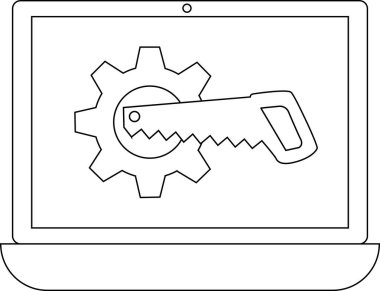 Bir dizüstü bilgisayar ekranı, testereyle kesilen bir dişlinin teknik sorunları veya kişiselleştirmeyi sembolize eden bir simgesini gösterir.