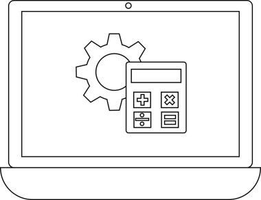 Bilgisayarda bir dişli ve hesap makinesi simgesini gösteren, ayarları, yapılandırmayı veya matematiksel fonksiyonları sembolize eden bir dizüstü bilgisayar.