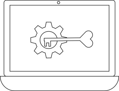 Bilgisayarda bir dişli ve anahtar simgesini gösteren, güvenlik ayarlarını ve sistem yapılandırmasını sembolize eden bir dizüstü bilgisayar.