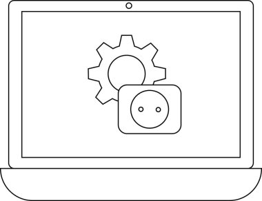 Temiz, minimalist bir tasarım ile bir dişli ve dolgu simgesini gösteren, ayarları veya güç seçeneklerini sembolize eden bir dizüstü bilgisayar.