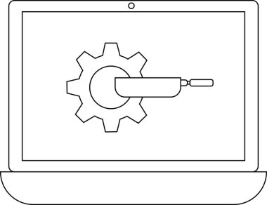 Bir vites ve tornavida simgesini gösteren, ayarları, bakımı veya teknik desteği minimalist bir sanat tarzında temsil eden bir dizüstü bilgisayar.