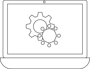 Bir dizüstü bilgisayar ekranında sistem enfeksiyonunu ya da arızayı sembolize eden bir vites ve virüs simgesi gösterilir. Görüntü siyah beyaz..