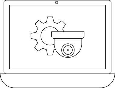Güvenlik kamerası simgesini gösteren bir dizüstü bilgisayar, bir bilgisayardaki güvenlik ayarlarını veya izleme teknolojisini sembolize ediyor..