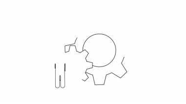 Basit bir çizim, insan, endüstri ve teknolojik gelişim arasındaki ilişkiyi sembolize eden birbirine kenetlenmiş dişlilerin yanında duran bir insanı tasvir eder..