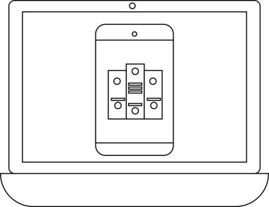 Bir dizüstü bilgisayar ekranı bir sunucu rafı simgesi ile mobil bir uygulama arayüzü gösterir, teknoloji ve veri yönetimini sembolize eder.