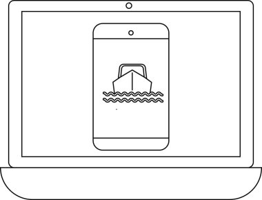 Laptop ekranında tekne simgesi olan mobil bir uygulama var. Seyahat rezervasyonu ya da denizcilik hizmetleri öneriliyor. Basit tasarım dijital seyahat çözümlerini vurguluyor.