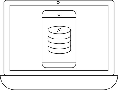 Bir dizüstü bilgisayar ekranı, dijital finans ve çevrimiçi işlemleri sembolize eden, madeni para yığını içeren mobil bir uygulama gösterir.