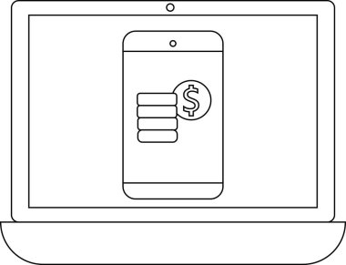 A laptop screen shows a mobile phone with a dollar sign and coins, representing mobile banking and online finance.