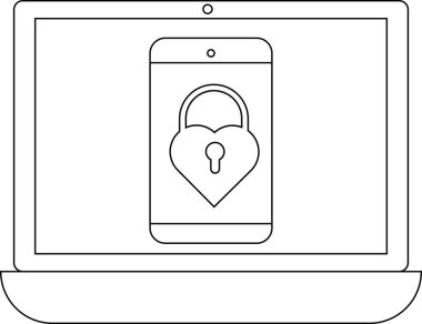 Laptop ekranında kalp şeklinde asma kilidi olan akıllı bir telefon görülüyor. Güvenli bağlantı ve veri korumasını simgeliyor. Siber güvenlik ve gizlilik kavramları için ideal.