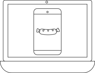 Bir dizüstü bilgisayar ekranında bir akıllı telefon gösterir, bu da sosis grafiğini gösterir. Resim basit bir çizgi çizimi..