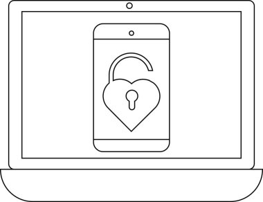 Dizüstü bilgisayar ekranında açık kalp şeklinde asma kilidi olan akıllı bir telefon var. Teknolojide güvenlik ve aşkı sembolize ediyor..