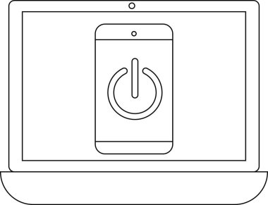 Bir dizüstü bilgisayar ekranında güç simgesi olan bir cep telefonu gösteriliyor, teknoloji ve bağlantı temalarını öneriyor.