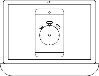Dizüstü bilgisayarda kronometre simgesi olan bir cep telefonu görüntülenir, zaman yönetimi, verimlilik veya son teslim tarihi ile ilgili bir uygulama sembolize edilir.