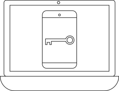 Anahtar simgesiyle akıllı telefonu gösteren bir dizüstü bilgisayarın tasviri, güvenli mobil erişimi ve veri korumasını simgeliyor.