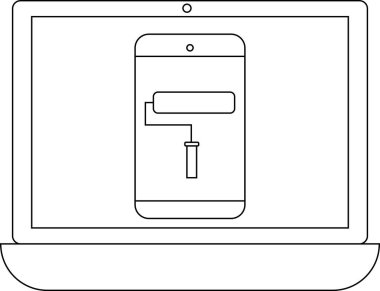 Bir dizüstü bilgisayar ekranında boya silindirli bir akıllı telefon gösterilir, uygulama geliştirme veya tasarım özelleştirmesi önerilir.