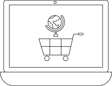 Bir dizüstü bilgisayar, bir alışveriş arabasının içinde küresel online alışveriş ve uluslararası e-ticareti sembolize eden bir küre gösteriyor..