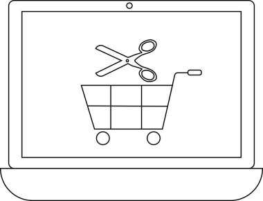 Bir dizüstü bilgisayar, çevrimiçi anlaşmaları ve indirimleri sembolize eden bir alışveriş arabasını makasla gösterir.