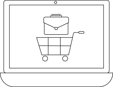 Üzerinde evrak çantası olan bir alışveriş arabasını gösteren bir dizüstü bilgisayarın minimalist çizgisi çizimi, çevrimiçi işi veya e-ticareti simgeliyor..