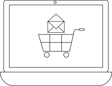 Bir alışveriş arabasını e-posta ikonuyla gösteren bir dizüstü bilgisayar, çevrimiçi alışveriş ve dijital iletişimi simgeliyor, minimalist bir sanat tarzında..