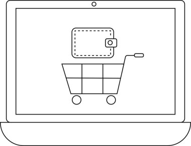 Bir alışveriş arabası ve cüzdan simgesini gösteren, online alışveriş ve dijital işlemleri temsil eden bir dizüstü bilgisayar. Web tasarımı için basit satır sanatı.