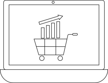 Bir dizüstü bilgisayar ekranında yükselen çubuk grafikleri ve yükselen okla dolu bir alışveriş arabası, çevrimiçi satış büyümesini ve e-ticaret başarısını simgeliyor.