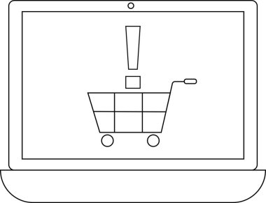 Bir dizüstü bilgisayar üzerinde ünlem işareti olan bir alışveriş arabası gösterir, çevrimiçi alışveriş sırasında bir uyarı veya hata gösterir.