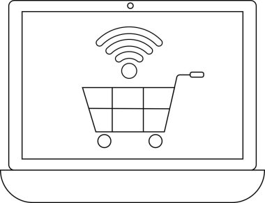 İnternet alışverişini ve bağlantıyı temsil eden, kablosuz internet sembollü bir alışveriş arabasını gösteren bir dizüstü bilgisayarın basit bir çizgisi..