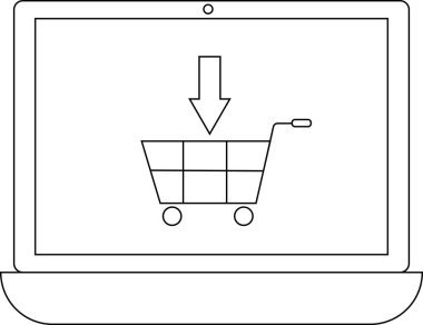 Bir alışveriş arabası simgesini gösteren bir dizüstü bilgisayar, aşağıya bakan bir ok, çevrimiçi alışverişi sembolize ediyor ve alışveriş arabasına eşyalar ekliyor.