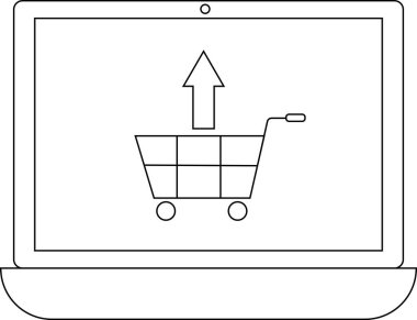 Bir dizüstü bilgisayarın, yukarı bakan bir okla bir alışveriş arabasını gösteren, çevrimiçi alışveriş ve sipariş işlemlerini sembolize eden minimalist bir çizgisi..
