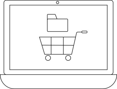 Bir dizüstü bilgisayar, online alışveriş ve e-ticareti temsil eden bir klasör simgesiyle bir alışveriş arabasını görüntüler. Basit çizgi sanat tarzı dijital perakende konseptini vurguluyor.