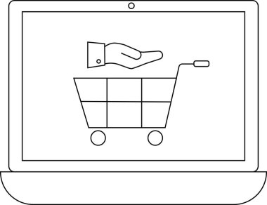 Bir dizüstü bilgisayar, e-ticareti ve dijital perakendeciyi sembolize eden, alışveriş arabasının üzerinde bir el simgesi bulunan çevrimiçi bir alışveriş kavramını gösterir..
