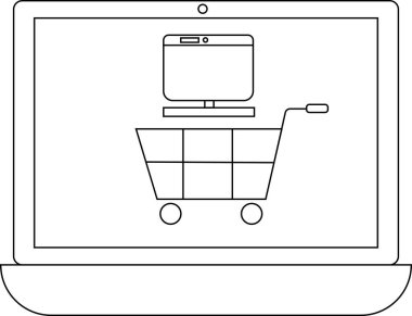 Bir alışveriş arabası simgesini gösteren, online alışveriş ve e-ticareti temsil eden basit bir dizüstü bilgisayar çizgisi çizimi.
