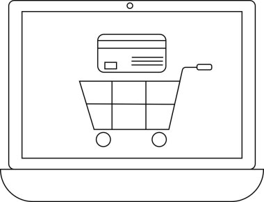 Bir dizüstü bilgisayar ekranında, online alışveriş ve e-ticaret işlemlerini sembolize eden bir alışveriş arabası ve kredi kartı gösteriliyor.