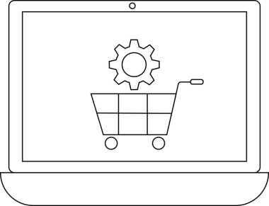 Bir dizüstü bilgisayar, çevrimiçi alışveriş özelleştirme ve e-ticaret ayarlarını sembolize eden bir vites simgesiyle bir alışveriş arabasını görüntüler..