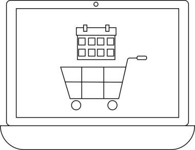 Alışveriş arabası ve takvim simgesini gösteren, çevrimiçi alışveriş etkinliklerini sembolize eden ve programlayan bir dizüstü bilgisayar.