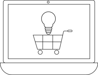 Bir dizüstü bilgisayar ekranında, üzerinde bir ampul bulunan bir alışveriş arabası, online alışveriş fikirleri ve yenilikleri sembolize eder..