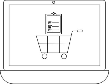 İnternet üzerinden alışveriş ve e-ticareti temsil eden bir alışveriş arabası ve dizüstü bilgisayardaki kontrol listesinin basit bir çizgisi çizimi.