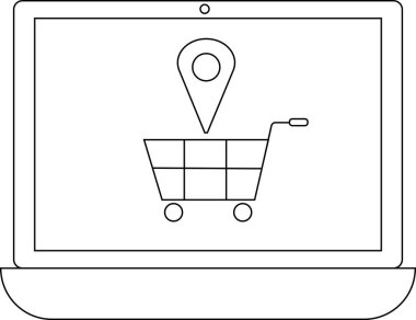 Üzerinde konum kodu olan bir alışveriş arabası simgesini gösteren bir dizüstü bilgisayarın basit bir çizgisi çizimi, online alışveriş ve konum hizmetlerini sembolize ediyor..
