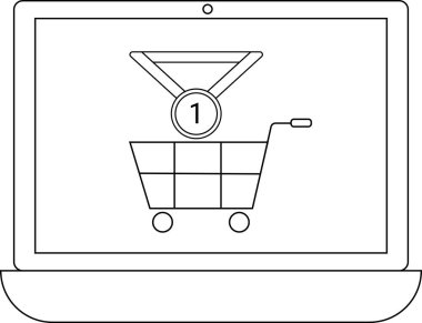 Bir dizüstü bilgisayar ekranında, üzerinde birincilik madalyası bulunan bir alışveriş arabası, online alışveriş veya e-ticaret başarılarını sembolize ediyor..