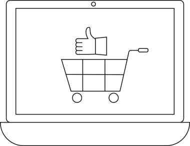 Bir alışveriş arabasının üzerinde, online alışveriş ve e-ticaret deneyimlerinden memnuniyeti sembolize eden, onaylanmış bir simgeyi gösteren bir dizüstü bilgisayar..