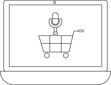 İnternetten ses alışverişini temsil eden, dizüstü bilgisayarında mikrofon olan bir alışveriş arabasının çizgisi çizimi..