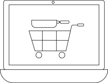Bir dizüstü bilgisayar ekranında mutfak malzemeleri ve ev eşyaları için çevrimiçi alışverişi sembolize eden, içinde yemek takımı bulunan bir alışveriş arabası gösteriliyor..