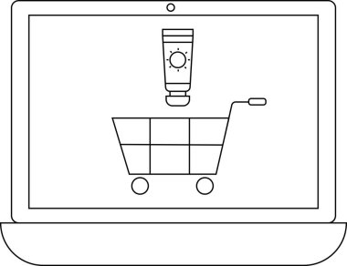 Bir dizüstü bilgisayar ekranında güneş koruması için online alışverişi temsil eden güneş kremi tübü olan bir alışveriş arabası görülüyor..