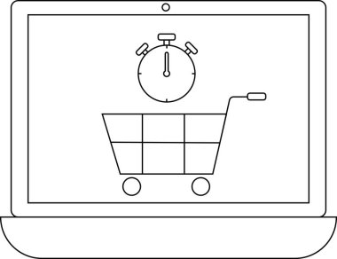 Bir dizüstü bilgisayar ekranında üzerinde kronometre bulunan bir alışveriş arabası simgesi gösterilir, zaman duyarlı çevrimiçi alışverişi veya sınırlı zaman tekliflerini sembolize eder.