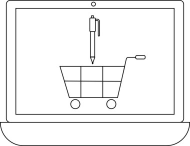 Bir dizüstü bilgisayar ekranında üzerinde kalem asılı duran bir alışveriş arabası var, online alışveriş ve dijital işlemleri sembolize ediyor.