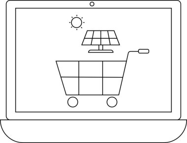 Bir dizüstü bilgisayar ekranı, yenilenebilir enerji çözümleri için online alışverişi sembolize eden bir alışveriş arabasının içindeki güneş panelini gösteriyor..