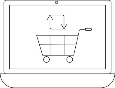 Bir dizüstü bilgisayar ekranında dönüş okları olan, çevrimiçi alışverişi, e-ticareti ve potansiyel geri dönüşleri veya alışverişi sembolize eden bir alışveriş arabası simgesi gösterilir.