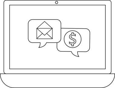 Bir e- posta simgesi ve para simgesini gösteren bir dizüstü bilgisayar, çevrimiçi iş, iletişim ve mali işlemleri dijital olarak temsil eder.