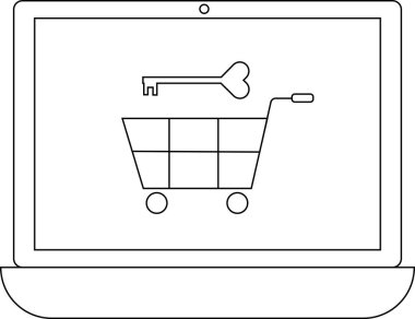 Üzerinde anahtar olan bir alışveriş arabası simgesini gösteren bir dizüstü bilgisayar, güvenli online alışveriş ve veri korumasını sembolize ediyor.