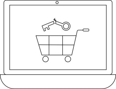 Anahtarlı bir alışveriş arabasını gösteren bir dizüstü bilgisayar tasviri, güvenli online alışveriş ve e-ticaret güvenlik tedbirlerini sembolize ediyor.